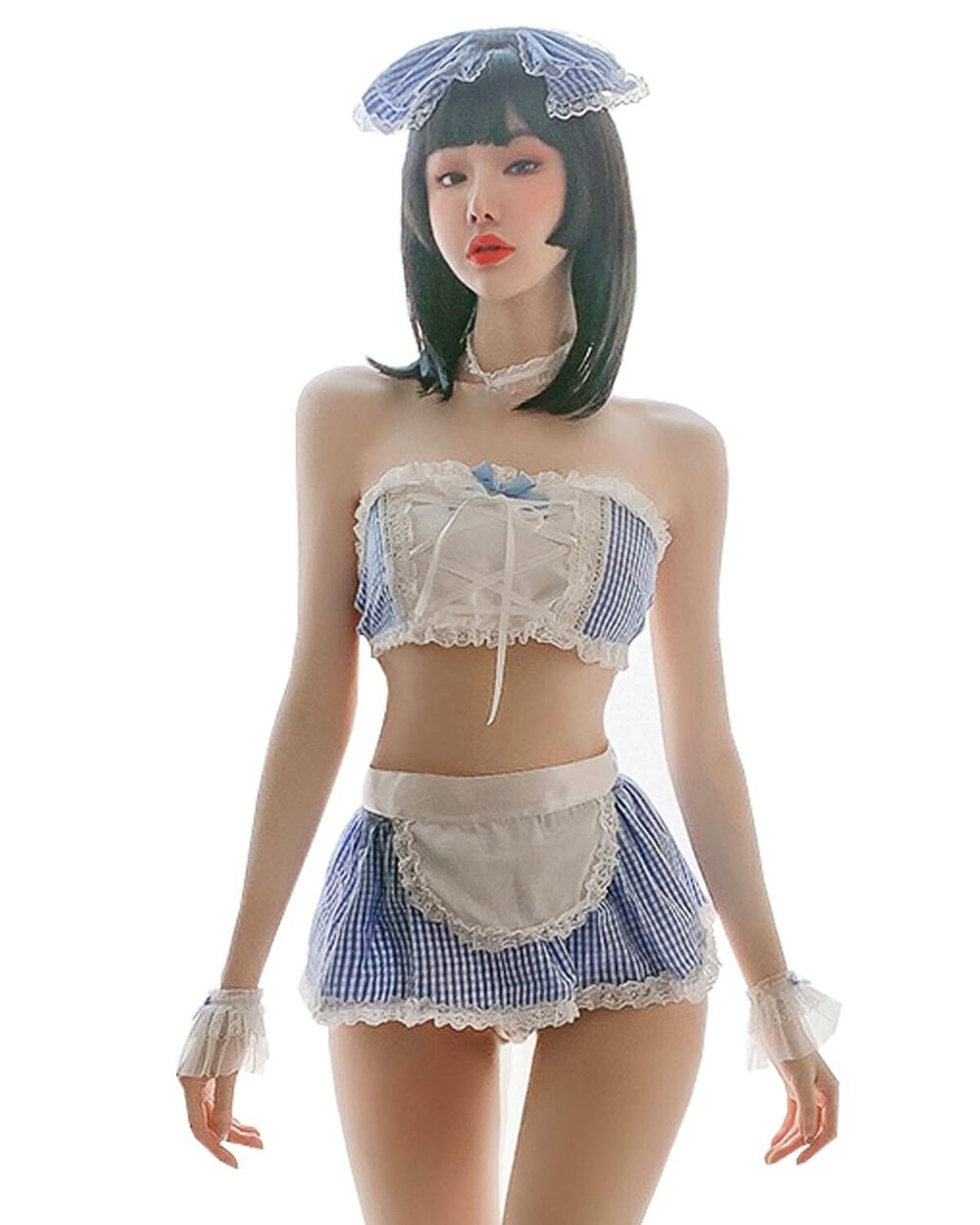 3388 Anime Maid Uniform Cute Bule White Tartan Lingerie Sexy Cosplay